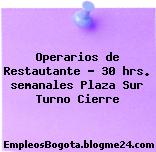 Operarios de Restautante – 30 hrs. semanales Plaza Sur Turno Cierre
