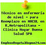 Técnico en enfermería de nivel – para Reemplazo en MACUL en R.Metropolitana – Clinica Hogar Buena Salud SPA